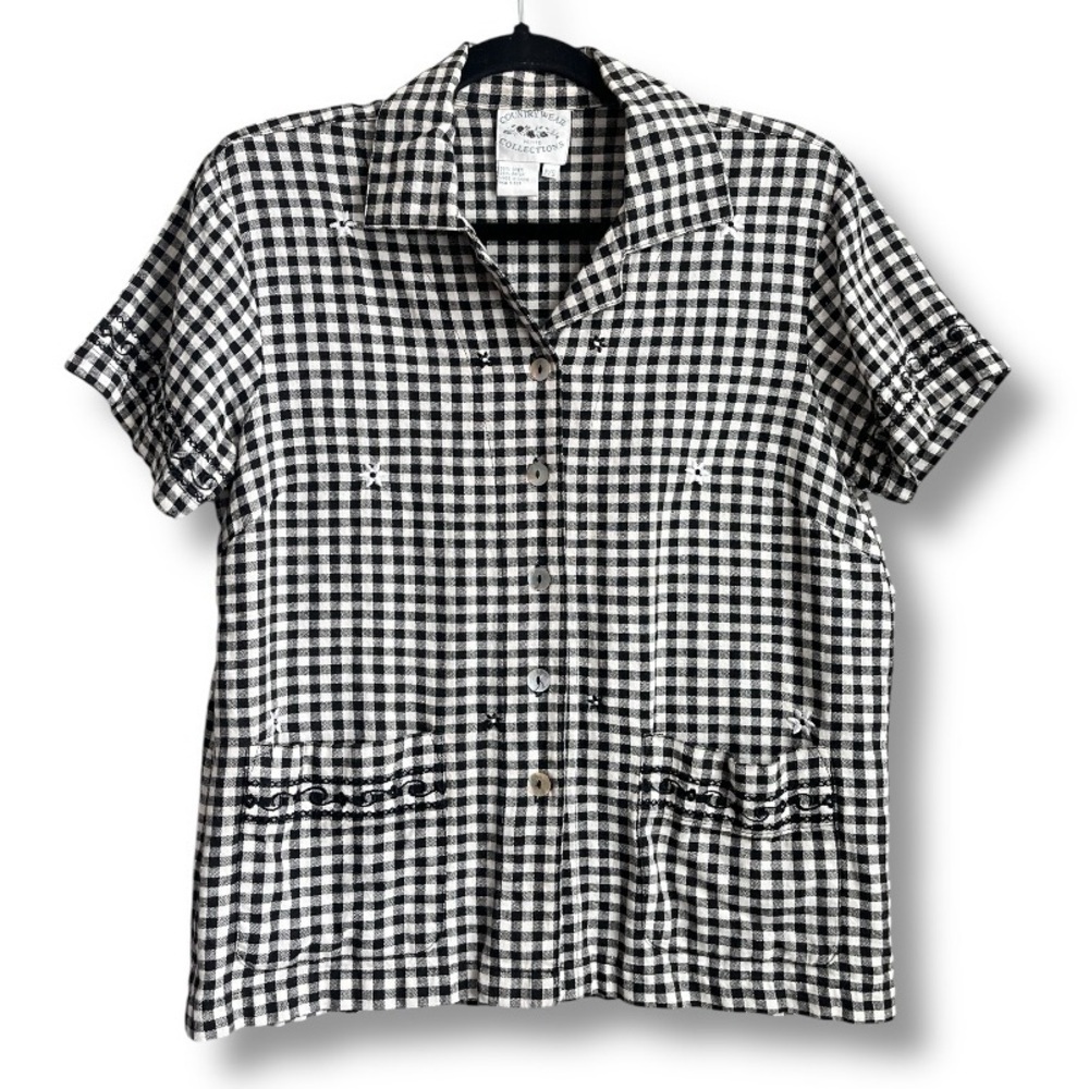 Prairiecore VTG 90’s black/white Checked Gingham blouse w/ embroidered daisies
